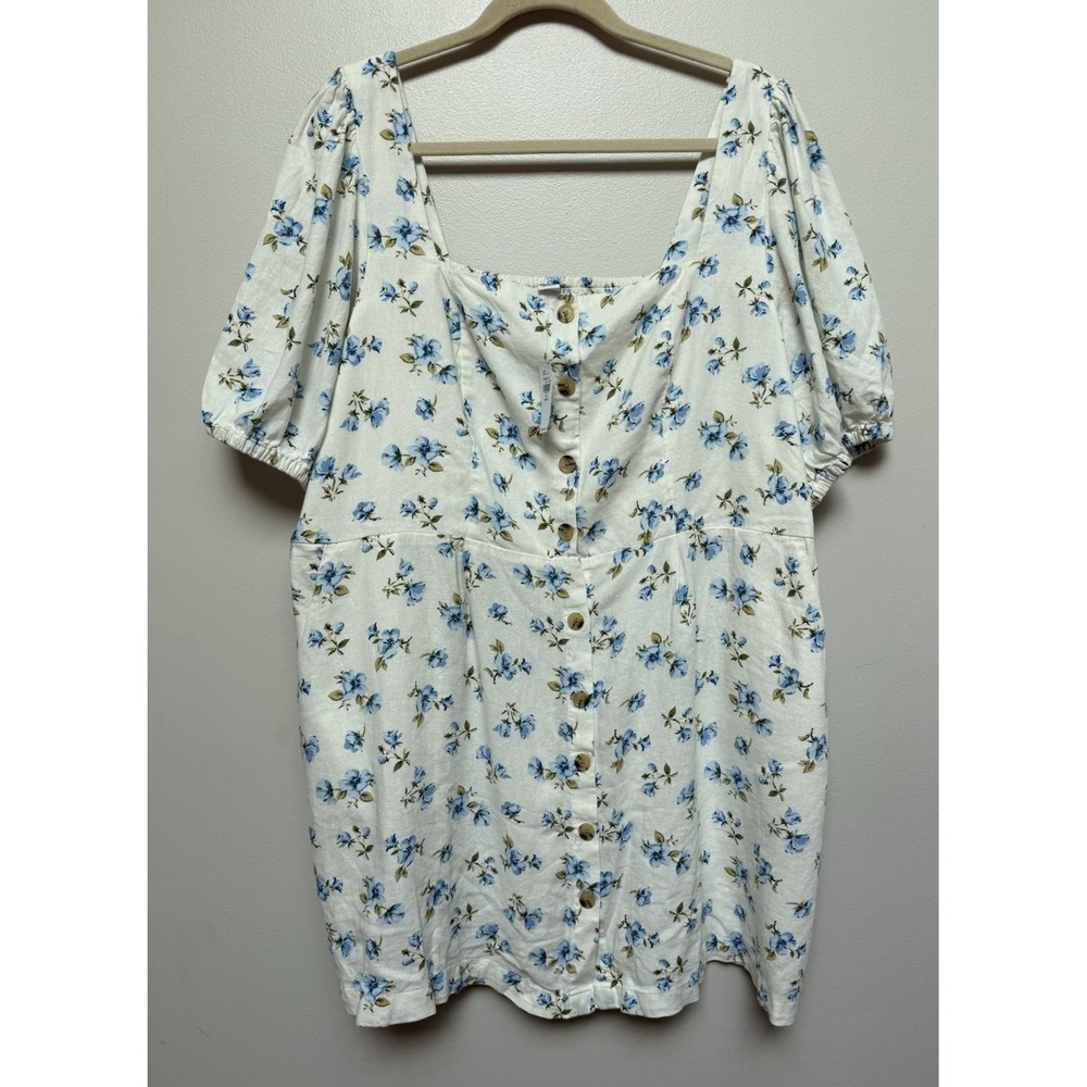 NEW OLD NAVY Womens Linen Floral Dress Smocked Button Puff Sleeves XXL petite